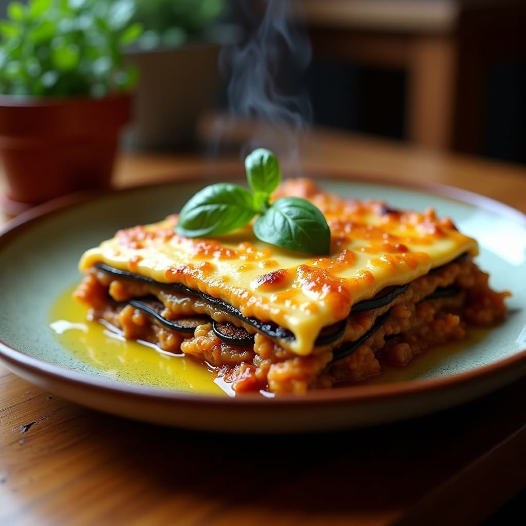 Lasagna vegana en capas con berenjena, tofu ahumado y salsa de tomate, cocinada en olla GM, con un toque de levadura nutricional y pimentón ahumado.