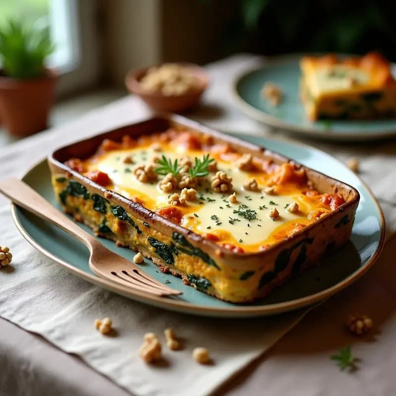 Fuente de horno rectangular con lasagna de berenjenas y tofu con espinacas vegana, capas visibles de berenjena asada, tofu desmenuzado y bechamel cremosa dorada, decorada con nueces picadas y orégano, sobre un mantel rústico de lino.