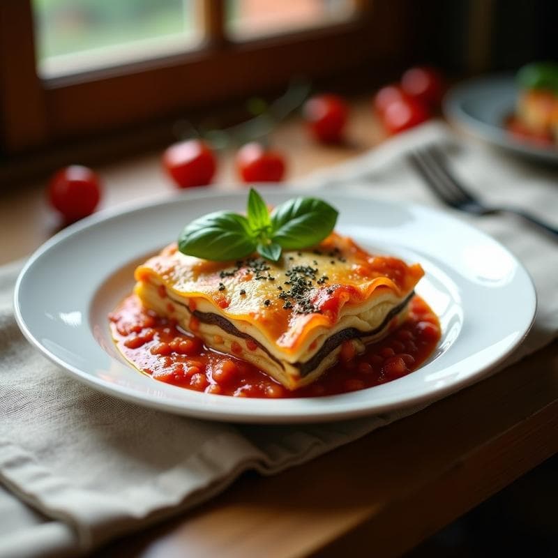 Lasagna de berenjena y tofu con salsa bologna vegana servida en plato hondo blanco, con capas visibles de berenjena asada, tofu desmenuzado y bechamel cremosa gratinada, decorada con orégano y acompañada de verde fresco.