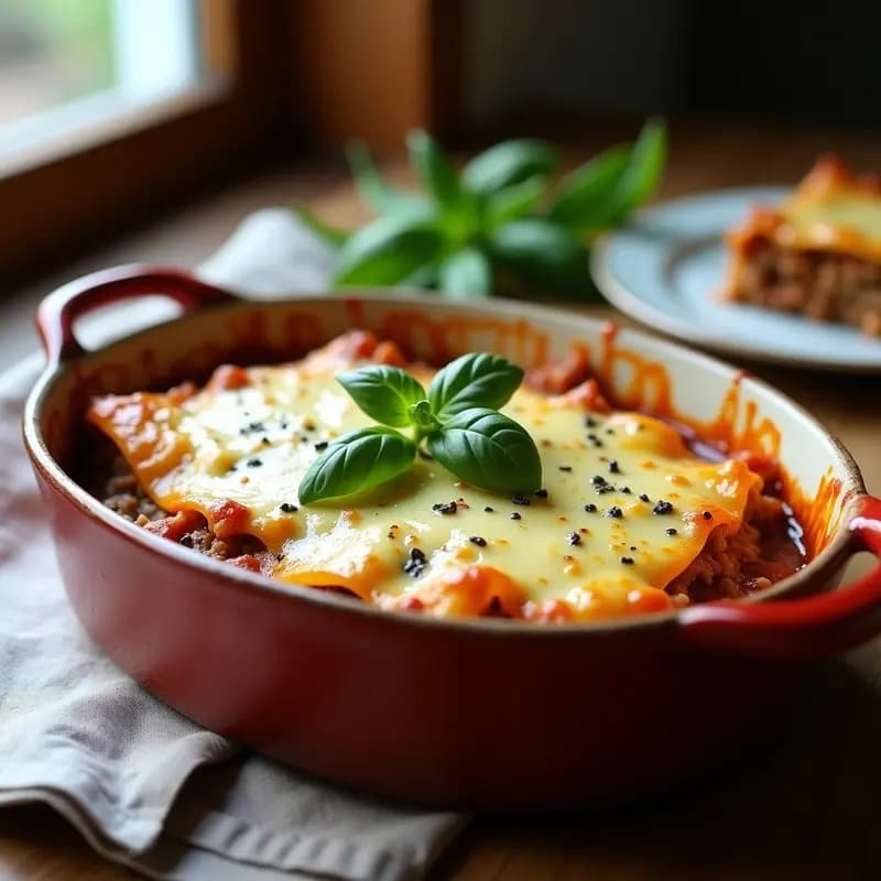 Lassagna vegana y sin gluten en fuente de barro, con capas visibles de calabacín, espinacas y soja texturizada, cubierta de bechamel cremosa de anacardos y dorada al horno.