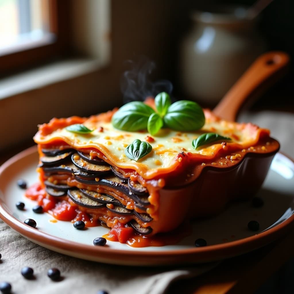 Lasagna vegana sin gluten en fuente de cerámica, con capas visibles de berenjena ahumada oscura, lentejas negras y bechamel cremosa de anacardos, decorada con hojas de albahaca fresca sobre fondo rústico de madera.
