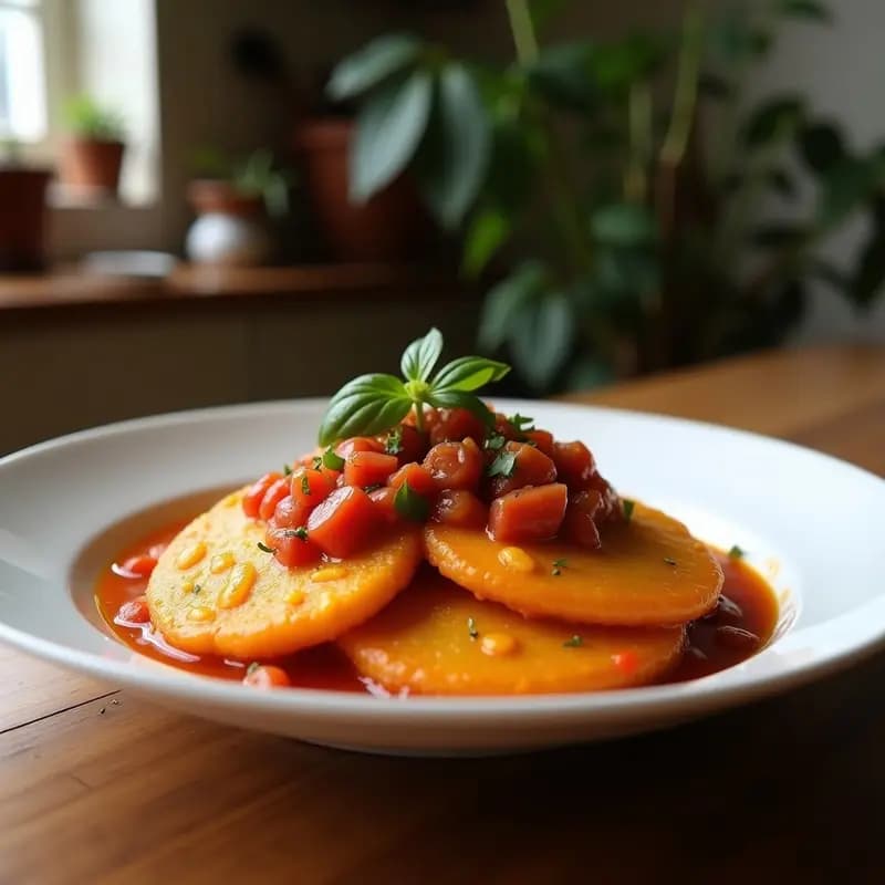 Lasaña de berenjena y aubergine asada en fuente de horno, con capas de salsa de tomate, queso mozzarella dorado y hojas de albahaca fresca. Plato tradicional italiano sin gluten, servido en porción triangular.