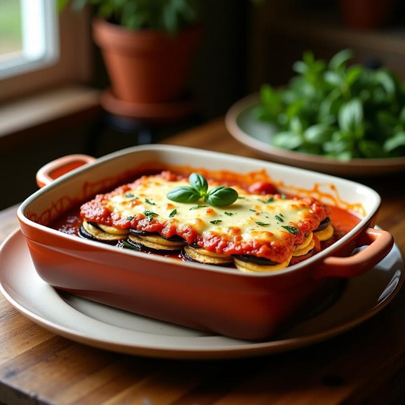 Lasaña de berenjena y berro con capas visibles de salsa de tomate casero rojo intenso y queso vegano cremoso dorado, servida en fuente de horno rústica sobre mesa de madera.