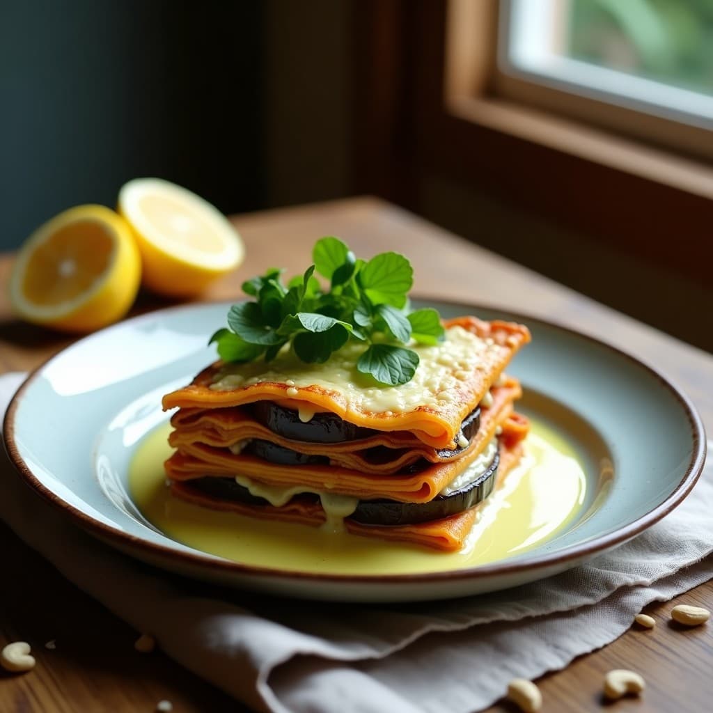 Lasagna vegana en olla exprés con capas de berenjena morada, berros frescos y bechamel de anacardos cremosa, servida en plato hondo con decoración de hojas de berro y aceite de oliva.