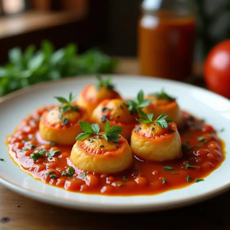 Lasaña de berenjena y berenjena asada con salsa bolonesa vegetal en fuente de horno, capas visibles de berenjena dorada, salsa espesa de lentejas y setas, y bechamel cremosa. Decorada con hojas de albahaca fresca y queso parmesano rallado por encima.