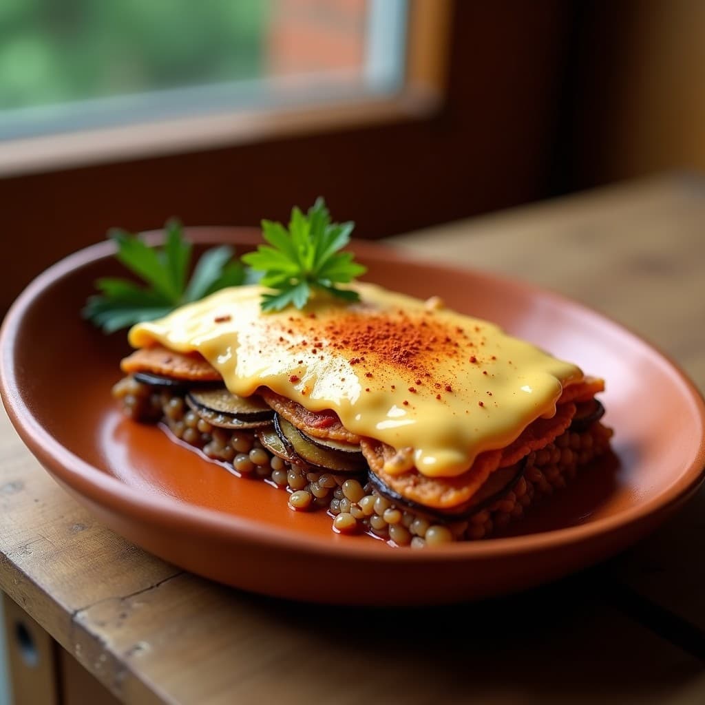 Lasaña vegana en fuente de barro con capas visibles de berenjena asada, ragú de lentejas y crema de anacardos cremosa, servida con un toque de pimentón por encima. Receta de lasaña de berenjena y crema de anacardos en olla express sin gluten.