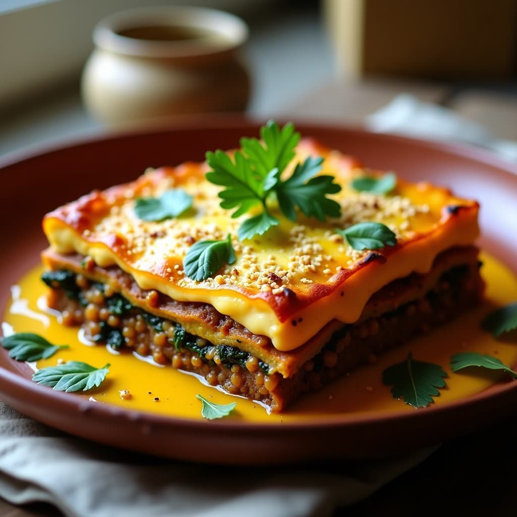 Lasaña vegana sin horno en cazuela de barro con capas visibles de berenjenas asadas doradas, lentejas pardinas en sofrito y bechamel de cúrcuma de color amarillo vibrante. Decorada con levadura nutricional y hojas de cilantro fresco.