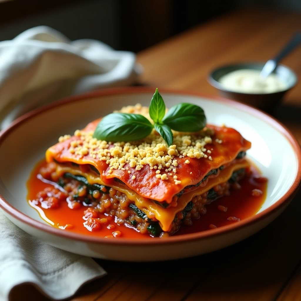 Lasaña italiana vegana sin harina con capas de berenjena asada dorada, ragú cremoso de lentejas corail y topping crujiente de nueces y levadura nutricional, servida en fuente de barro.