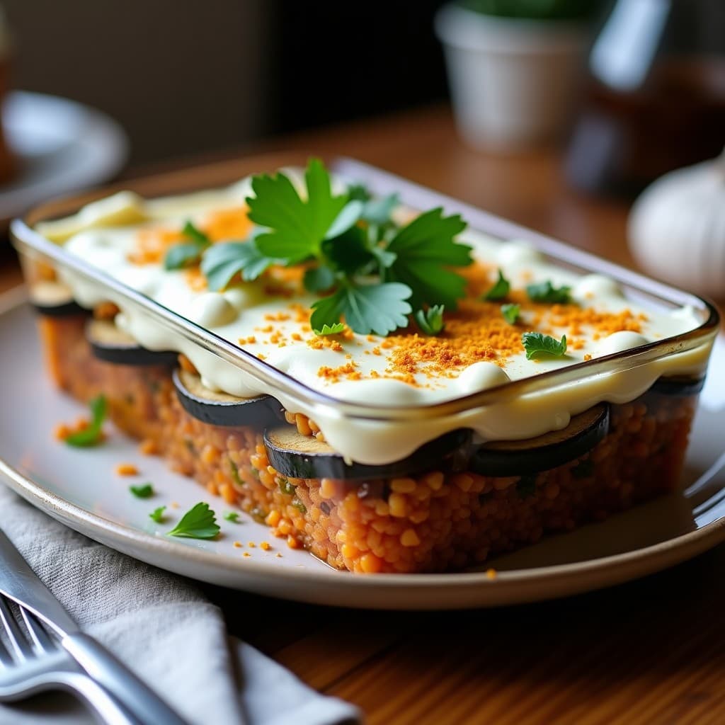 Lasaña de berenjena y lentejas rojas sin horno en molde rectangular, con capas visibles de berenjena asada, lentejas especiadas y crema de tofu espolvoreada con perejil fresco. Plato alto en hierro y proteína vegetal.