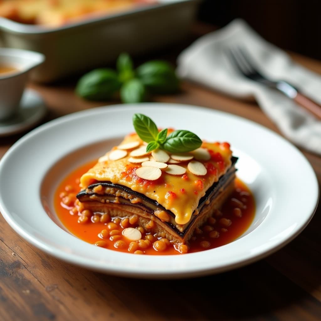 Lasaña vegana en capa con rodajas de berenjena asada, lentejas rojas estofadas y bechamel cremosa con nuez moscada, gratinada con almendras fileteadas doradas, servida en plato hondo de cerámica blanca.