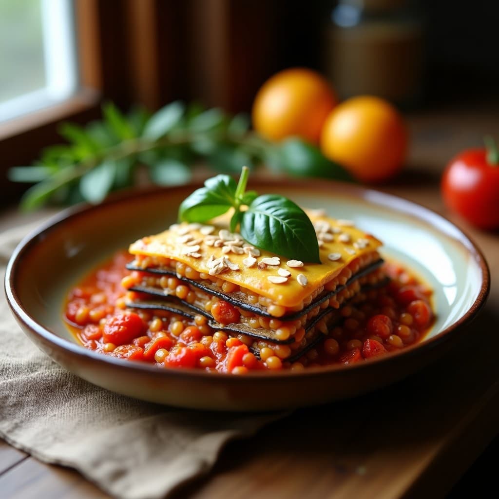 Lasaña de berenjena y lentiljas corail sin gluten en porción servida, con capas visibles de berenjena asada, ragú de lentiljas y bechamel de avena dorada, decorada con almendras fileteadas y espinacas frescas.