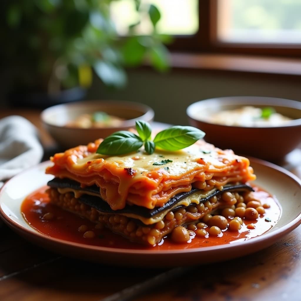 Lasaña vegana en olla lenta con capas visibles de berenjena asada, lentillas y salsa de tomate ahumado, coronada con crema de anacardos y decorada con hojas de albahaca fresca. Plato servido en fuente de barro rústica sobre mesa de madera.