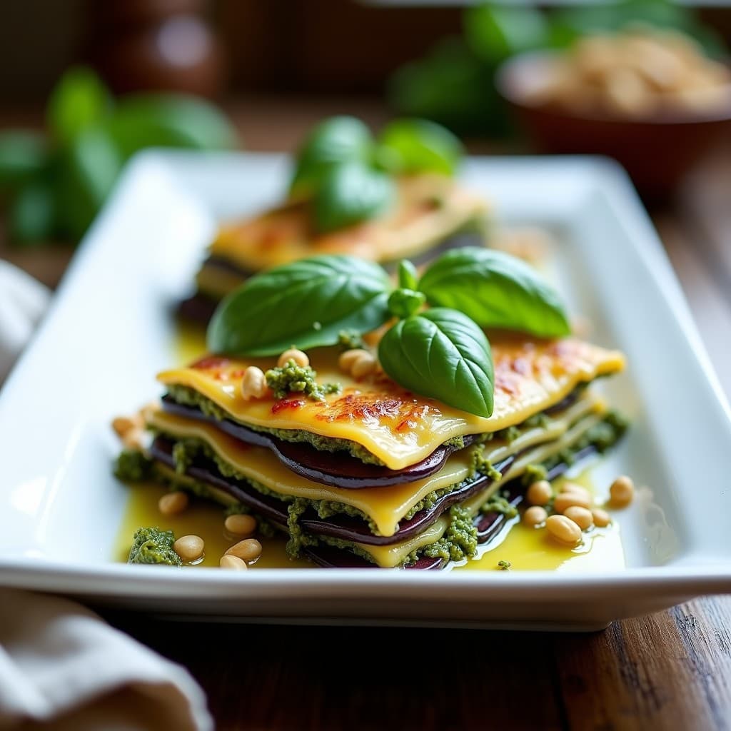 Lasaña italiana sin horno en molde rectangular, con capas visibles de berenjena violácea, queso de cajuela cremoso y pesto de albahaca verde brillante, decorada con hojas de albahaca fresca y piñones tostados.