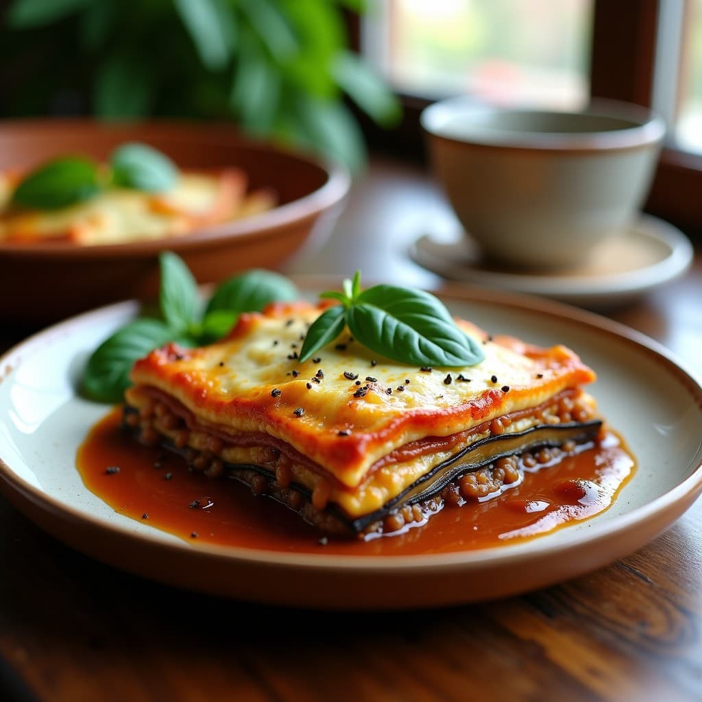 Lasaña vegana sin pasta en fuente de horno, con capas visibles de berenjena asada, ragú de lentillas pardinas y queso de castañas cremoso gratinado. Acompañada de espinacas frescas y decorada con orégano seco.