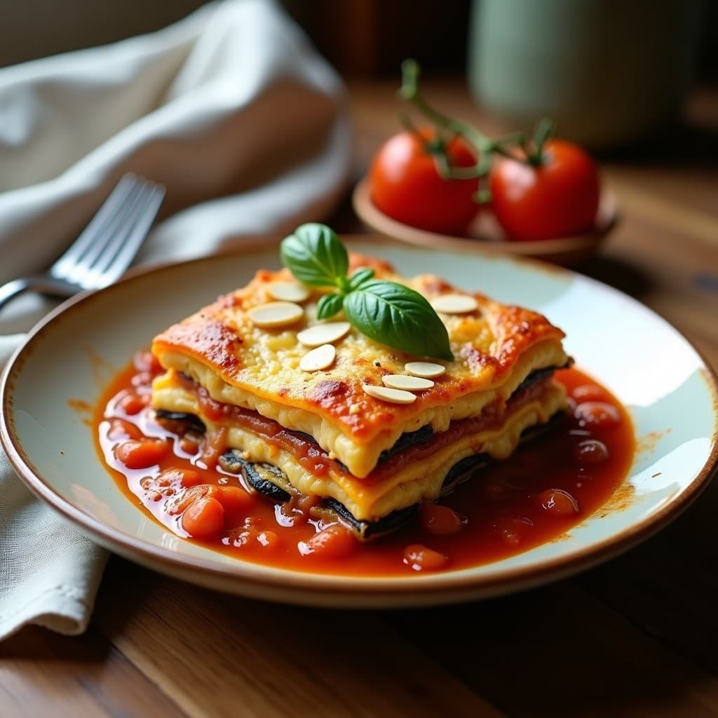 Lasaña de berenjena y ricotta de anacardos en fuente de horno, con capas visibles de berenjena asada, crema de anacardos y salsa de tomate, decorada con albahaca fresca y piñones dorados. Receta sin gluten y sin lactosa en Thermomix.
