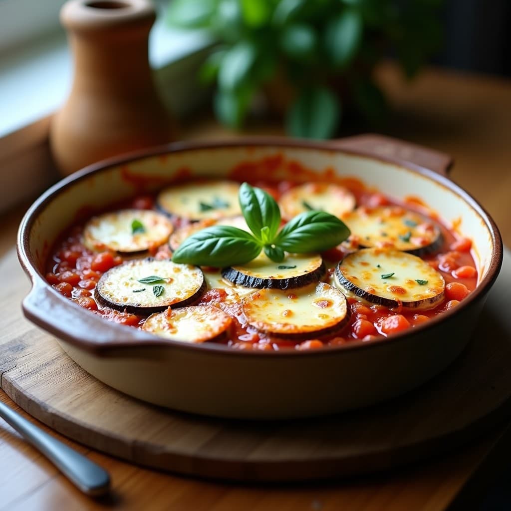 Lasaña de berenjena y ricotta sin pasta al horno, con capas de berenjena asada, ricotta cremoso con espinacas, salsa de tomate y queso gratinado dorado. Servida en fuente de barro con albahaca fresca y almendras fileteadas.