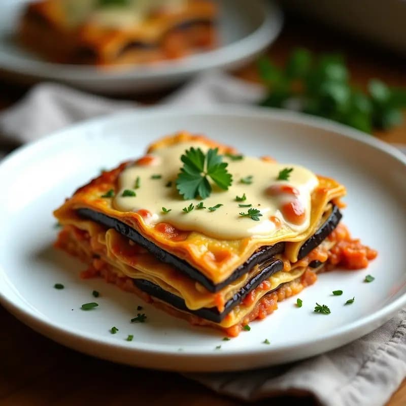 Lasaña de berenjena y tofu ahumado con bechamel de anacardos en fuente de horno, dorada y gratinada, con capas visibles y perejil fresco por encima. Receta italiana sin gluten.