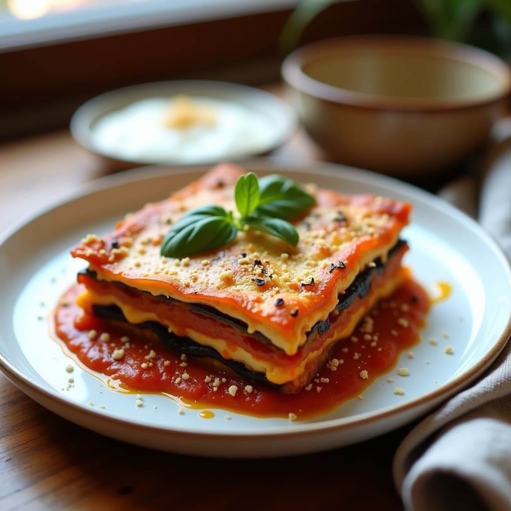 Lasaña de berenjena y tofu con salsa de tomate casera en fuente de horno, capas visibles de berenjena dorada, tofu marinado y queso vegano gratinado, decorada con hojas de albahaca fresca.