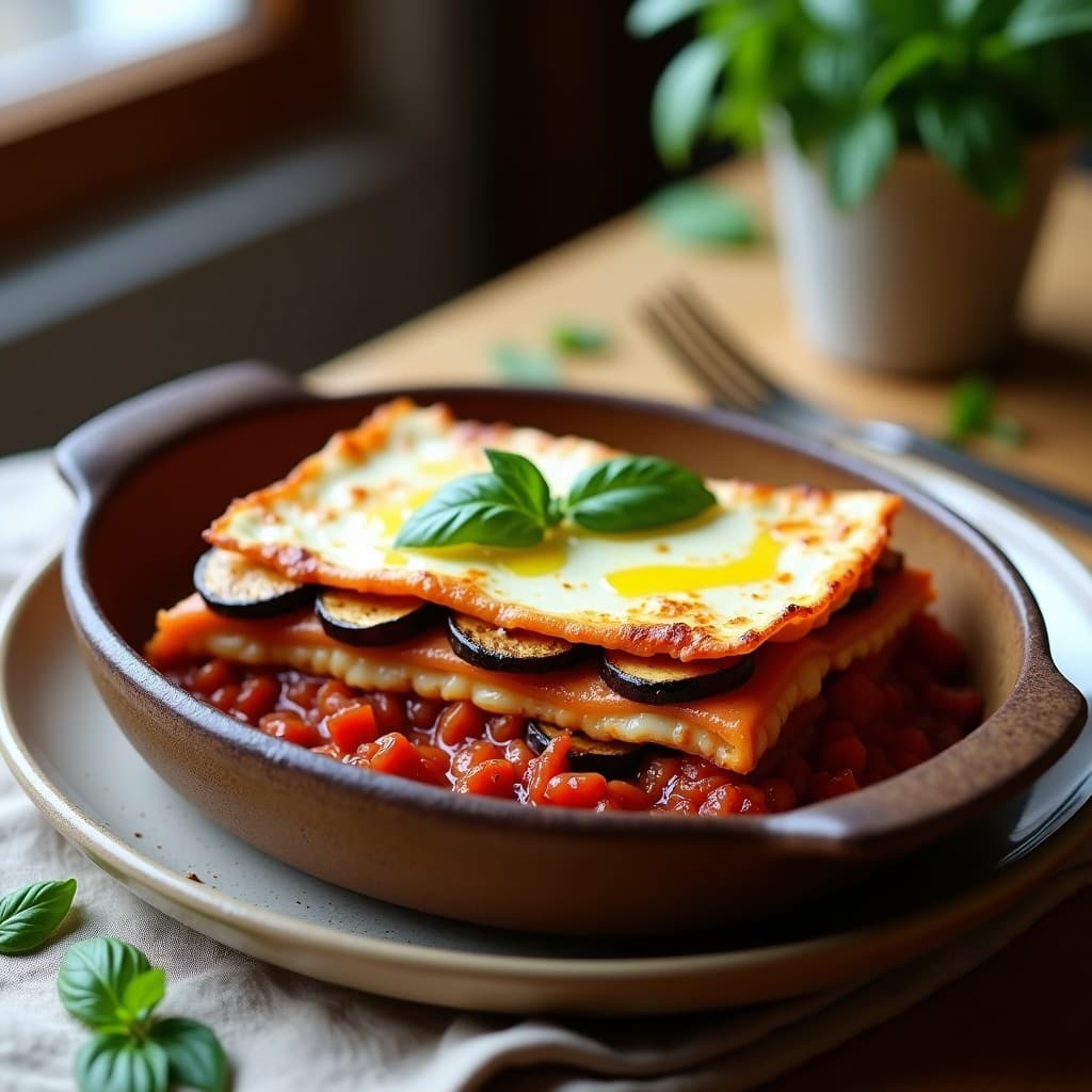 Lasaña italiana vegana sin pasta en olla express, con capas de berenjena asada, tofu sedoso cremoso y salsa de tomate, decorada con albahaca fresca y aceite de oliva virgen extra.