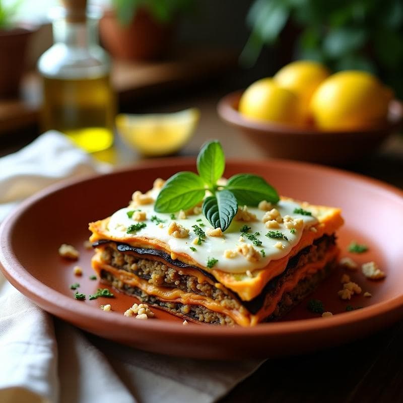 Lasaña griega vegana sin pasta en fuente de barro, con capas de berenjena asada, tofu especiado y salsa de yogur de soja con menta, espolvoreada con nueces picadas y decorada con hojas de menta fresca.