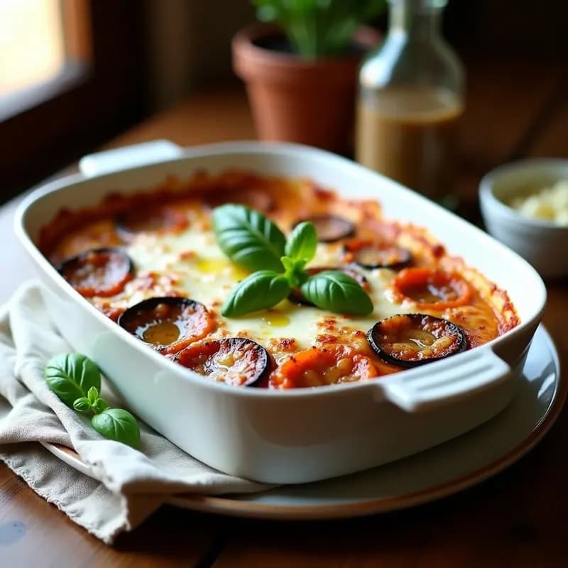 Lasaña de berenjenas y espinacas con salsa de tomate casera en fuente de horno, capas visibles de berenjena asada, espinacas, ricotta y parmesano gratinado, decorada con albahaca fresca.