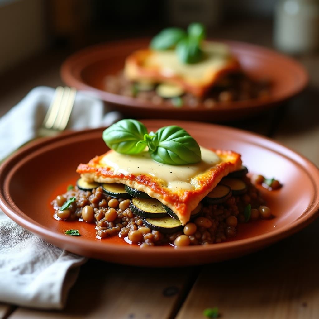 Lasaña italiana keto en fuente de horno con capas visibles de calabacín, berenjena y ragu de lentejas, gratinada con queso parmesano y mozzarella dorados, decorada con hojas de albahaca fresca.