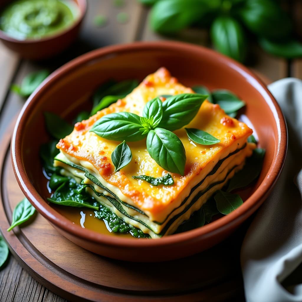 Lasaña de calabacín y pesto de albahaca en fuente de barro, con capas visibles de calabacín, pesto verde brillante y tomates cherry dorados. Receta sin gluten y bajas calorías en Thermomix.
