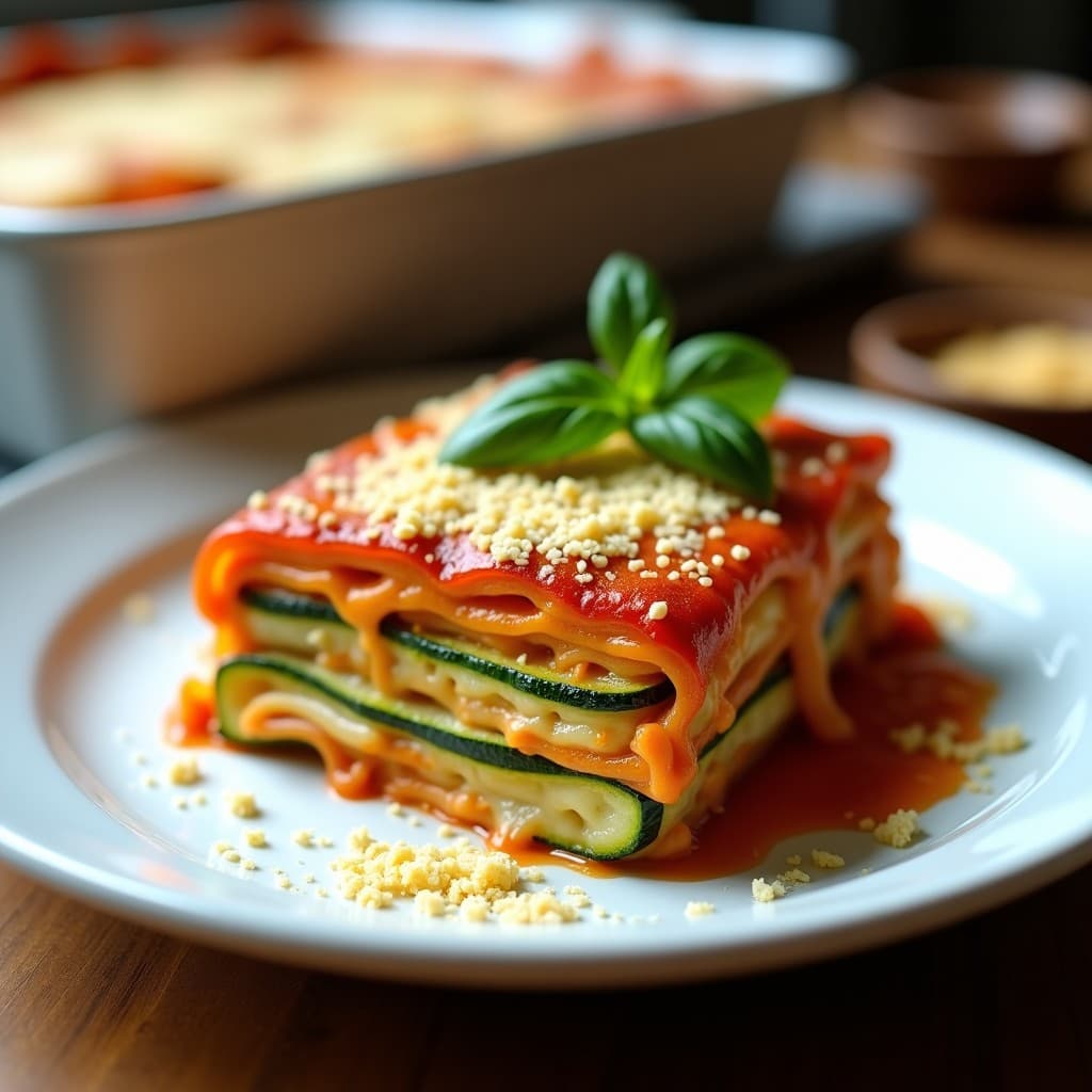 Lasaña vegana al horno con capas de calabacín verde, queso de castañas cremoso y dorado, y salsa de tomate, decorada con hojas de albahaca fresca sobre un plato de cerámica blanca.