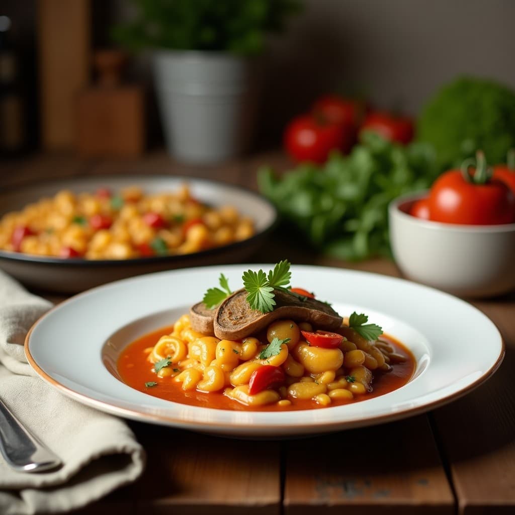Lasaña vegana sin pasta en molde de cerámica, con capas doradas de calabaza butternut, hongos portobello y bechamel de anacardos. Decorada con hojas de espinaca fresca y un hilo de aceite de oliva.