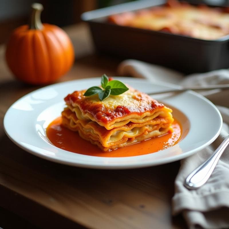 Lasaña de calabaza y ricotta de almendras sin pasta en fuente de horno, con capas visibles de calabaza asada, espinacas y salsa de tomate, dorada por encima.