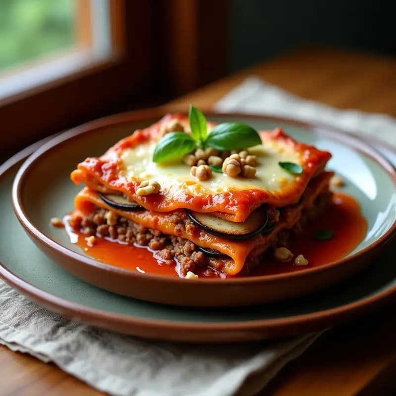 Lassagna de berenjena y carne molida baja en carbohidratos servida en porción cuadrada sobre plato blanco, con capas visibles de berenjena asada, carne jugosa, ricotta cremosa y queso gratinado dorado. Receta italiana en Thermomix.