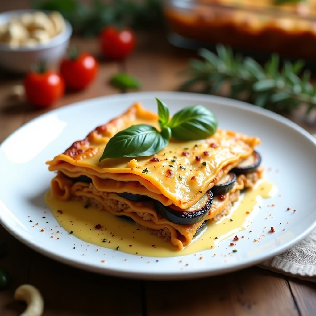 Lassagna vegana sin pasta en fuente de horno, con capas visibles de berenjena asada, tofu desmenuzado dorado y salsa bechamel cremosa de anacardos, decorada con hojas de albahaca fresca.