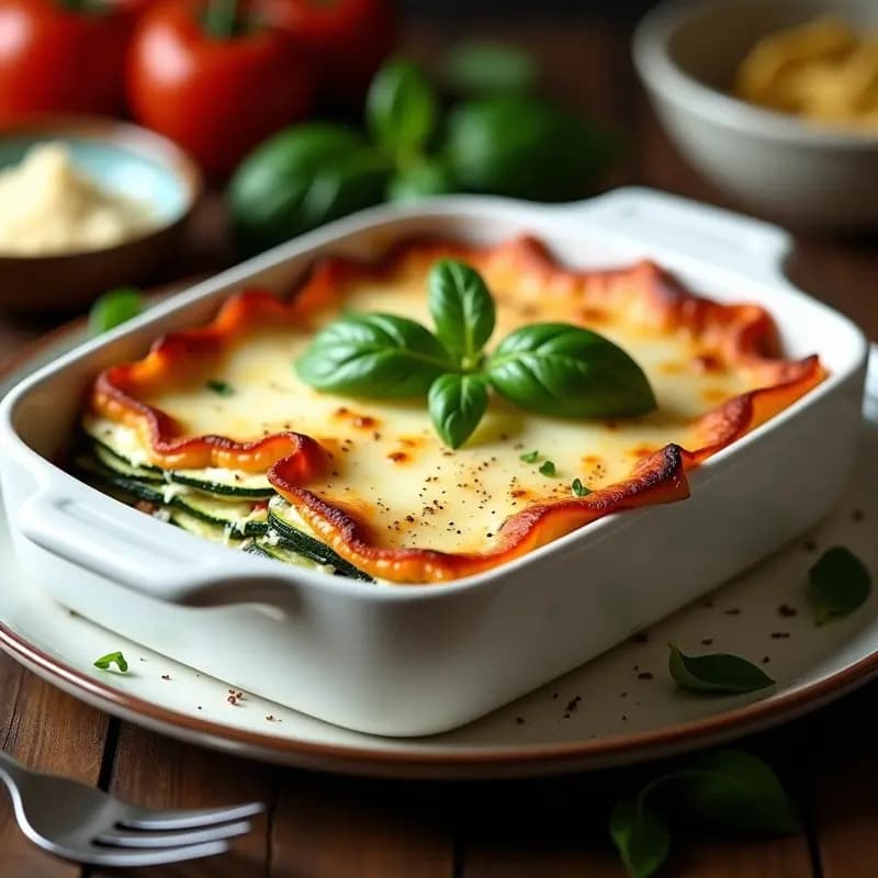 Lassagna keto de calabacín y espinacas con toque de nuez moscada en fuente de barro, capas visibles de calabacín asado, espinacas verdes y bechamel dorada, decorada con hojas de albahaca fresca.