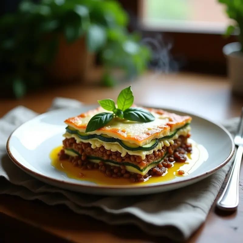 Lassagna italiana vegana y sin gluten en fuente de cerámica blanca, con capas visibles de calabacín asado, ragú de lentejas pardinas y bechamel cremosa de anacardos. Decorada con hojas de albahaca fresca y un hilo de aceite de oliva virgen extra.
