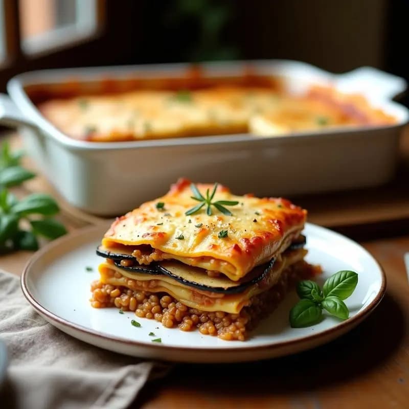 Lassagne vegana en fuente de horno con capas visibles de berenjena asada, ragú de lentejas pardinas y bechamel cremosa de leche de coco, gratinada al horno y servida en porción cuadrada con hierbas frescas.