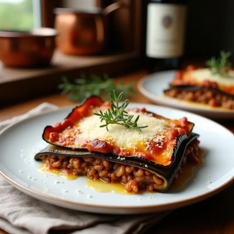 Lassaigne francesa al horno con capas de láminas de berenjena asada, ragú de champiñones y bechamel vegana de anacardos, dorada y burbujeante en fuente de barro.