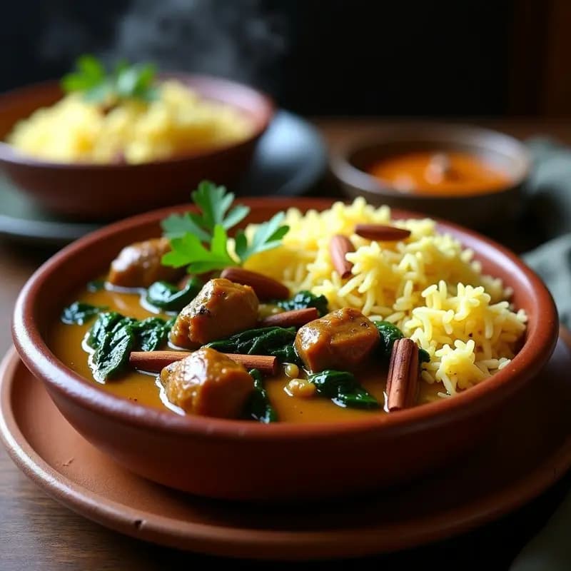 Plato tradicional cachemir de Lassan al Fogol con trozos tiernos de cordero en salsa espesa de espinacas y especias, acompañado de arroz basmati blanco esponjoso, decorado con almendras fileteadas y cilantro fresco.