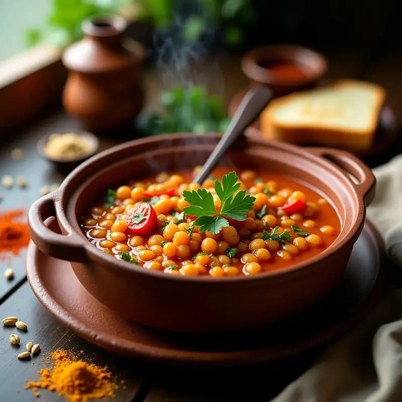 Olla de barro humeante con Lassan Goulash de lentejas rojas vegano y antiinflamatorio, espolvoreado con perejil fresco, acompañado de rodajas de pan de centeno integral sobre una mesa de madera rústica.