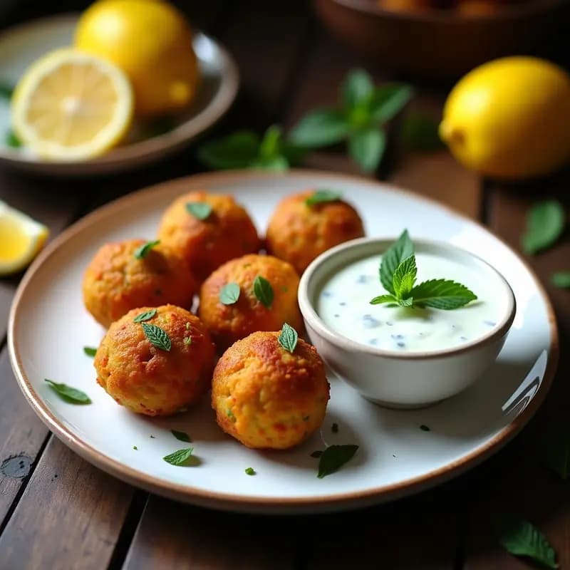 Plato de madera con albóndigas doradas Lassan Ke Kofte, acompañadas de salsa verde de yogur y menta, decoradas con semillas de sésamo y cilantro fresco, receta india vegetariana especiada.