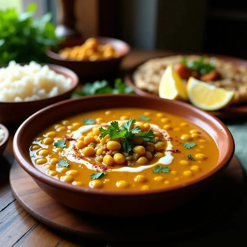 Plato hondo de barro repleto de Lassan Ki Sabzi con lentejas amarillas estofadas, ajo asado dorado y cilantro fresco. Salsa cremosa con tonos dorados y amarillos, servida sobre fondo rústico de madera con arroz basmati y rodajas de limón.