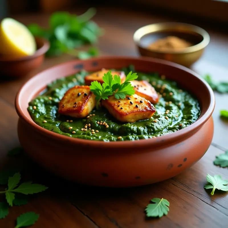 Plato hondo de barro con Lassan Ka Saag con Pollo Tikka: espinacas verdes cremosas salteadas con ajo y especias, trozos de pollo tikka dorado, decorado con cilantro fresco y rodajas de limón. Receta india tradicional en 30 minutos.