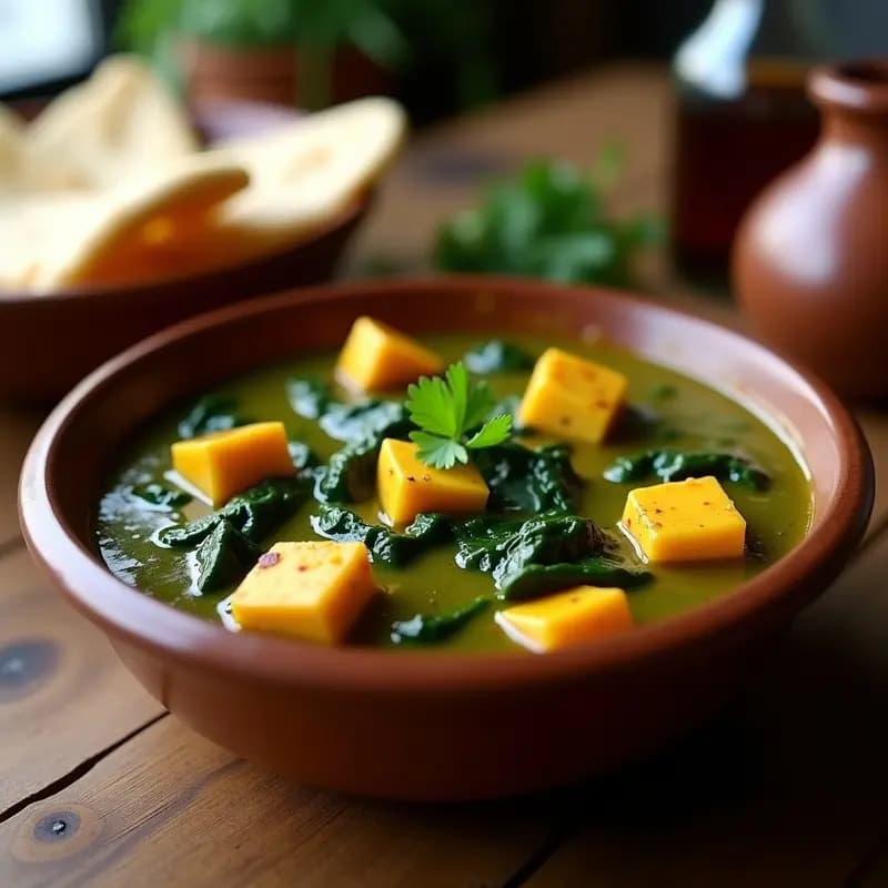 Plato hondo de barro con Lassanii Palak Paneer, curry cremoso de espinacas y queso paneer en salsa verde, decorado con cilantro fresco y acompañado de naan integral.