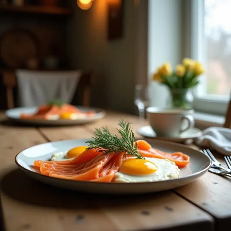 Plato de L sätt Mat sueco con pan de centeno tostado, láminas de salmón ahumado, huevos escalfados con yema líquida, crema agria, eneldo fresco y semillas de sésamo, sobre una base de rúcula. Desayuno nórdico alto en Omega-3 con presentación elegante.