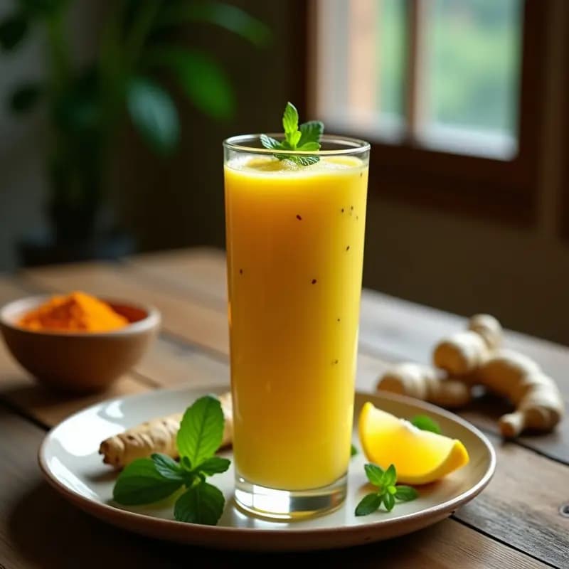 Vaso alto transparente con lassi de cúrcuma y jengibre antiinflamatorio sin lácteos, de color amarillo dorado y textura cremosa, decorado con una rodaja de limón y una pizca de cúrcuma en polvo. Fondo de madera rústica con ingredientes frescos como cúrcuma, jengibre y una rama de cardamomo.