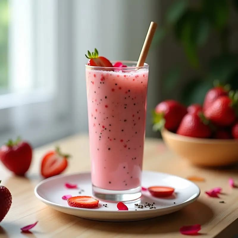 Vaso alto transparente con lassi de fresa y rosa, bebida pakistana probiótica de color rosado claro, decorado con pétalos de rosa comestibles y semillas de chía en suspensión, servido con hielo picado y un fondo de textura rústica.