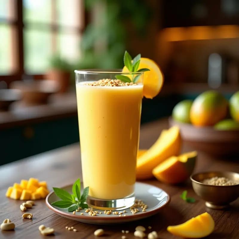 Vaso alto transparente con lassi indio de mango y cardamomo, decorado con semillas de ajonjolí tostadas y rodajas de mango fresco, sobre una mesa de madera con especias y un fondo borroso de cocina tradicional.