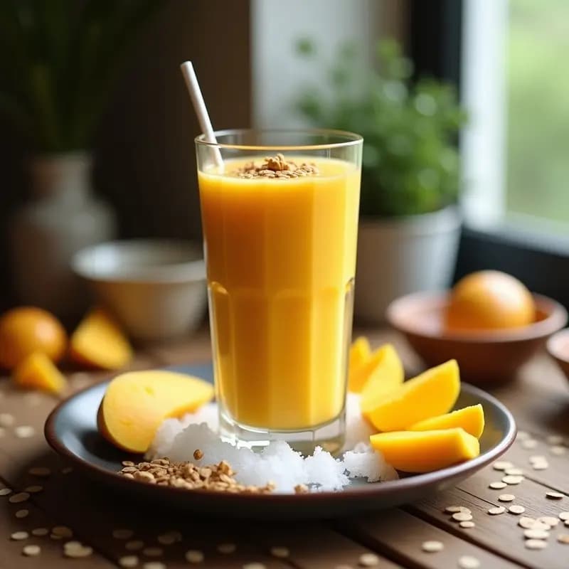 Vaso alto transparente con lassi de mango y avena sin lácteos, de color amarillo cremoso, decorado con semillas de lino y una pizca de canela. Fondo con trozos de mango fresco y copos de avena esparcidos sobre una mesa de madera rústica.