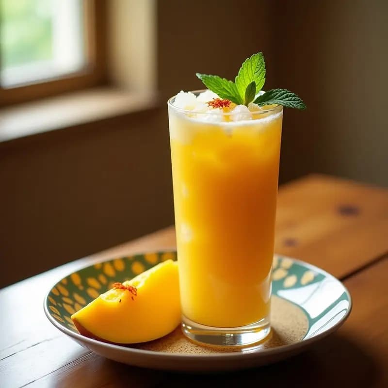 Vaso alto transparente con lassí de mango y azafrán con chía, decorado con pistachos fileteados y una rodaja de mango, sobre una mesa de madera con especias al fondo.