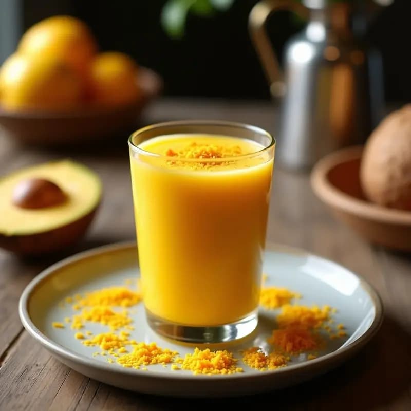 Vaso alto transparente con lassi indio de mango y azafrán con leche de coco, color dorado cremoso, decorado con hebras de azafrán y rodaja de mango. Fondo borroso con especias y hoja de menta.
