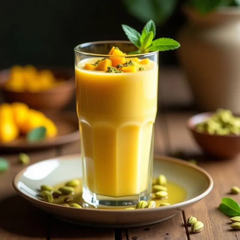 Vaso alto transparente con lassi de mango indio cremoso, decorado con trozos de mango fresco y pistachos picados, sobre una mesa rústica con especias al fondo.